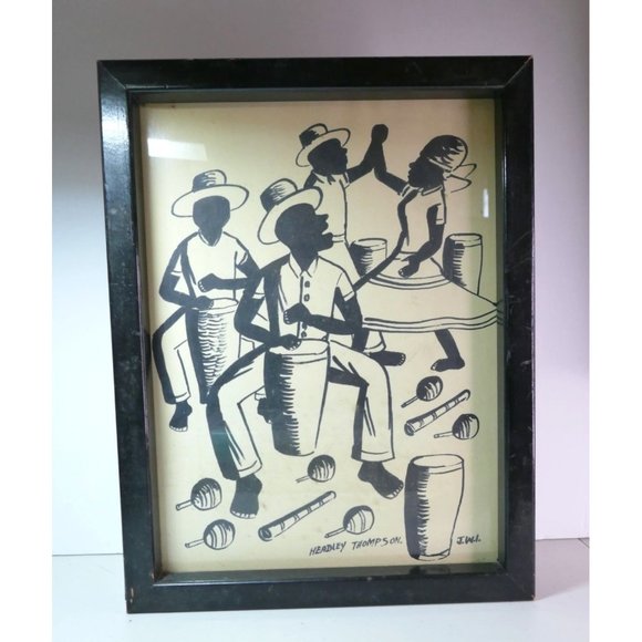 Art Jamaican Artist Headley Thompson Lively Pen Ink Drawing Bongos